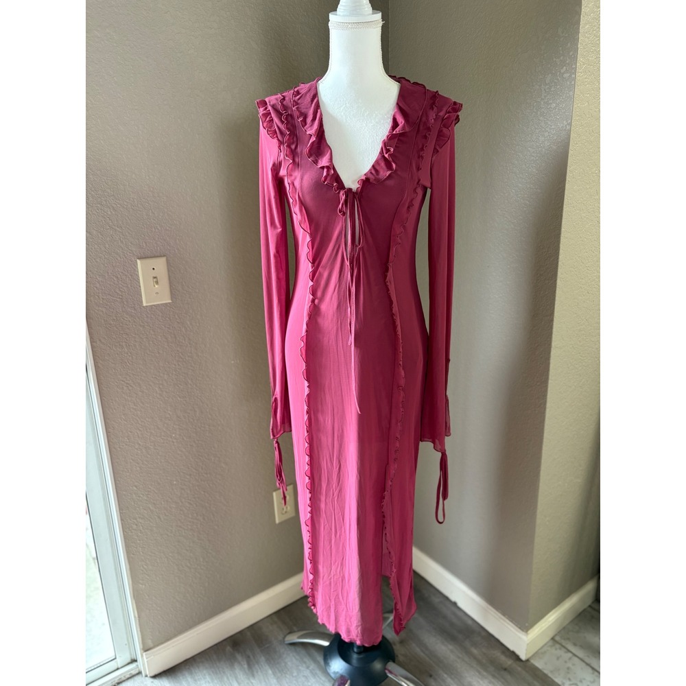 Cider‎ Pink Ruffle Trim V-Neck Tie Front Mesh Maxi Dress Long Sleeve Large